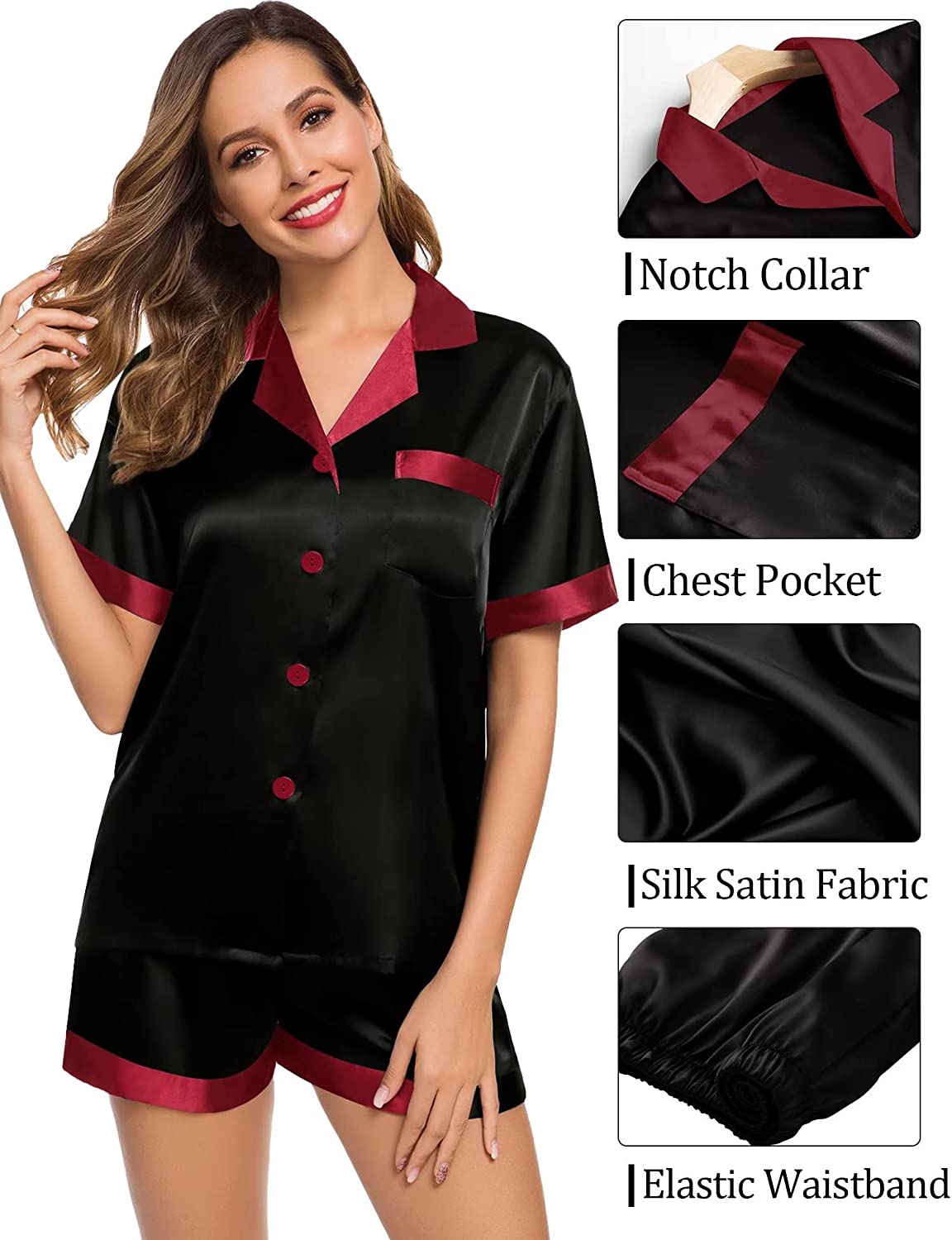 SWOMOG Couples Matching Pajama Set Silk Satin Short Sleeve Pjs Set Top and Shorts Sleepwear Soft Button-Down Loungewear - Image 4